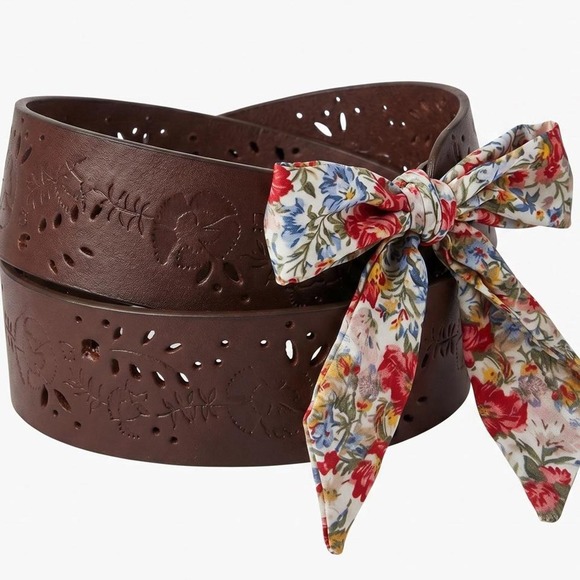 Accessories - cottagecore brown floral eyelet leather ribbon tie belt l/xl